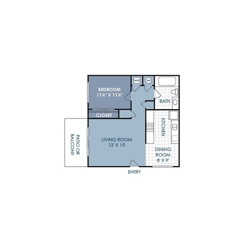 Floor plan for 1 bed, 1 bath, 648 sqft
